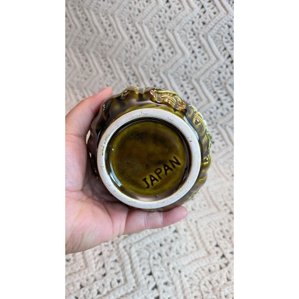 Vintage Japan Olive Green Bamboo Ceramic Creamer Saucer Set Daisy‎ Dragonfly